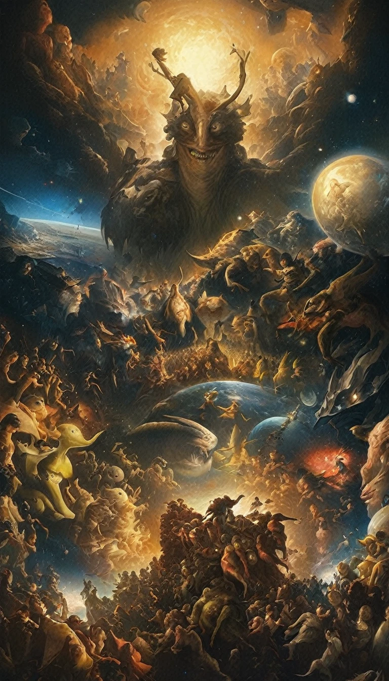 Highest quality、masterpiece、Surreal Posters、宇宙大war、Space Monsters、Humanity facing monsters、war、優しいwar、like&piece、darkness、Light of hope、
