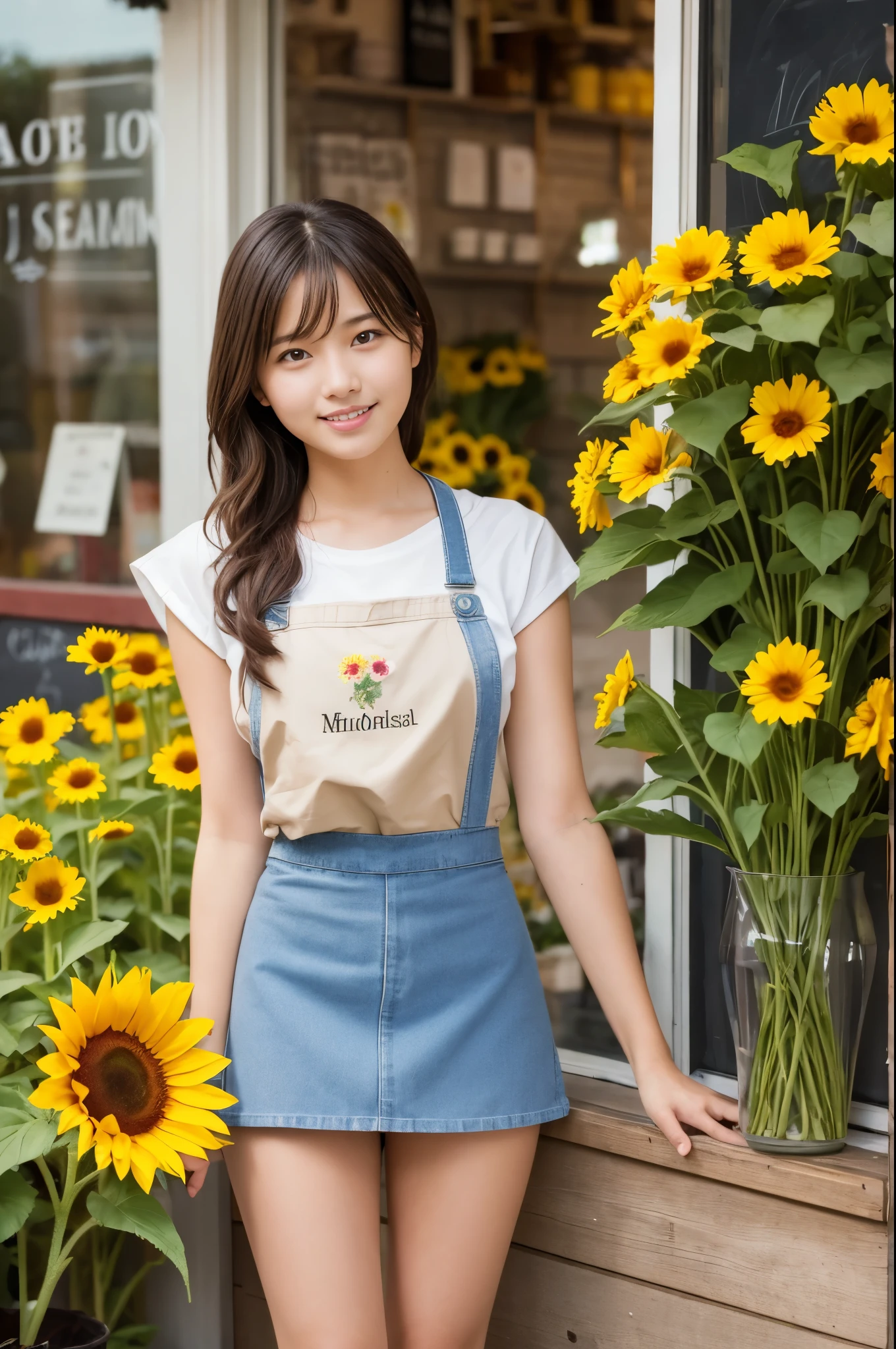 A 20-year-old girl working at a flower shop（Wearing a miniskirt and apron）have a sunflower