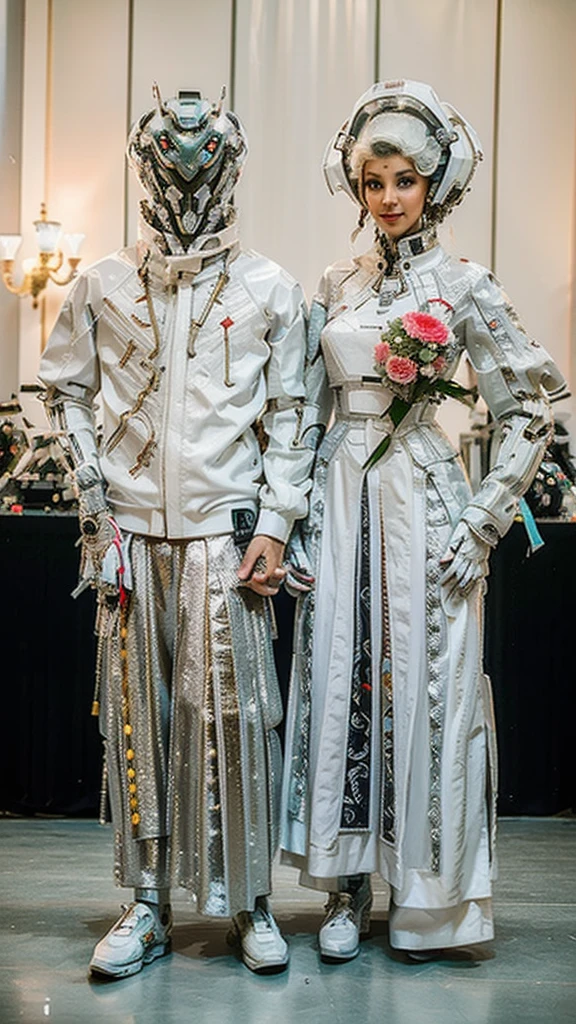bride and groom in traditional robot clothes standing in front of the stage, couple, beautiful couple, wearing robot clothes, happy couple, wedding, robot clothes, wearing robot clothes, robot clothes, emir, groom, ornate clothes, bride and groom, traditional, bride, wedding photo, cgi