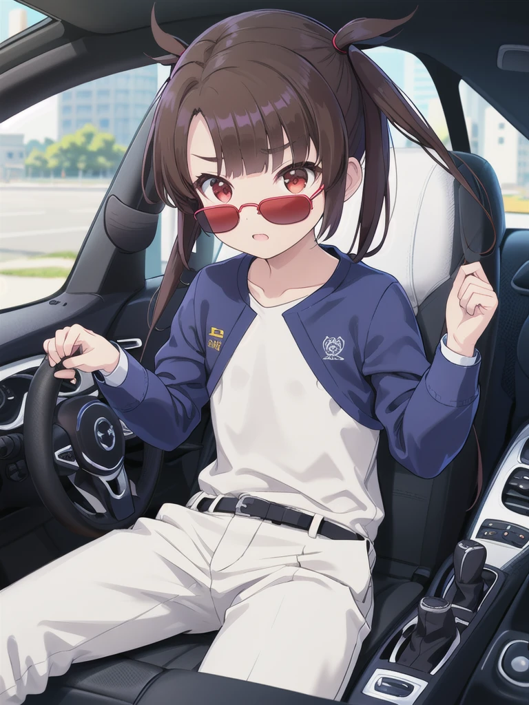 In the car,Convertible,Sitting,((Behind the wheel of a car)),Looking Ahead,driving,1 Girl, 独奏, Red eyes,sunglasses,, Twin tails, brown hair,crawling,((顔 focus)),upper body,White long sleeve shirt,Grey slacks, bangs, eyebrows visible through hair, Flat Chest,