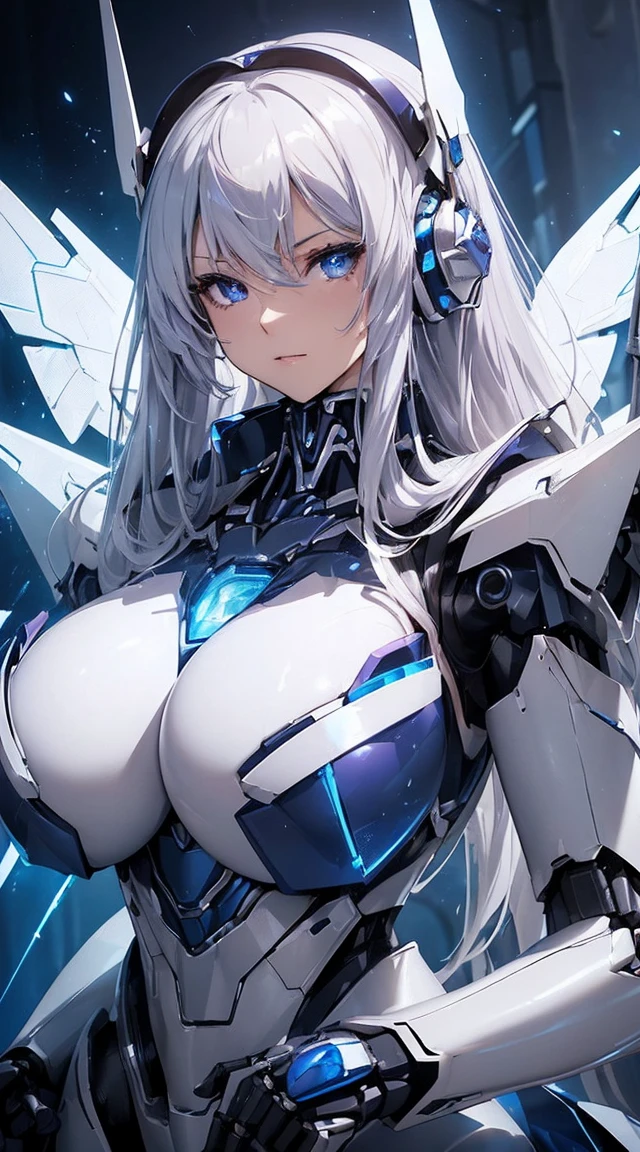 ((Extreme close up:1.6))、(((Lenses shining on both breasts:1.3)))、((Blue pillars of light radiate from both of his chests..:1.3))、break、(((Dynamic pose:1.8)))、smile、((8K)), ((32k)), ((Highest quality)), ((masterpiece)), ((超A high resolution)), ((Tmasterpiece)), ((Halation:1.4))、((Mechaニカルheadgear:1.2))、((Cyber Headphones:1.3))Fine skin, High quality fabric, High-quality metal texture、((Beautiful and dense face))、RAW Photos、Professional, Ultra-fine painting, ((alone)), Beautiful breasts、Highest quality, Very detailed, Very detailed詳細, Finer details, so beautiful, ((Princess Knight Robot:1.2)),  (Joint of the machine, Mechanical Limbs:1.3), (The internal structure of the machine is exposed:1.3), (Long silver hair:1.1), (Beautiful and huge mechanical breasts)、White Veil, cowboy_shot, Side Focus, headgear, Shiny、(Five Fingers, Four fingers and thumb),Concept Art, Anime fantasy artwork, Detailed fantasy art, (with pale blue-violet hair and large white wings,,,,,,,,), (((Long silver hair))), (Mecha:1.6)、Sleek and intimidating design, ((Commander-in-Chief&#39;arm)), (Perfect robot body)、純白と青紫のarmまたは, Symmetrical wings, 8K High Resolution, Detailed Art, 3D rendering of character art in 8K, neat legs, Defined, Defined fingers,((headshot:1.3))