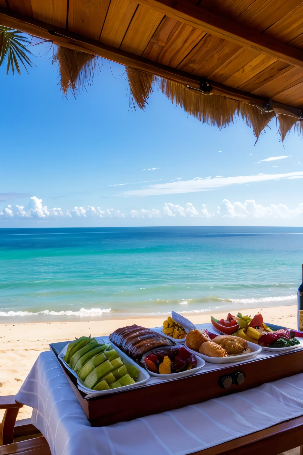 ((Highest quality)),((masterpiece)),(detailed),summer,landscape,Ocean,BBQ,Beer ,Beach,noon