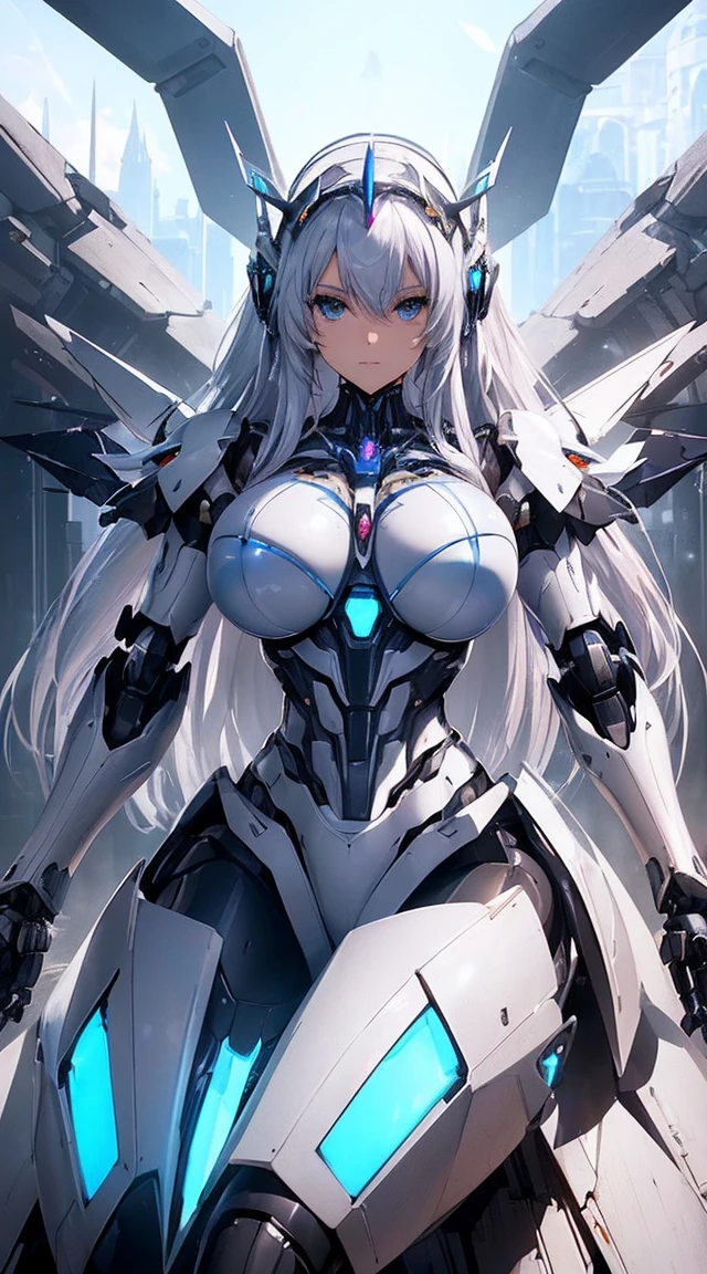 (Sit with one knee on the machine:1.6)、(Full body description:1.3)、((Shining lenses on both breasts:1.3))、((Blue pillars of light are emanating from both chests.:1.3))、smile、((8K)), ((32k)), ((Highest quality)), ((masterpiece)), ((超A high resolution)), ((Tmasterpiece)), ((Halation:1.4))、((Mechaニカルheadgear:1.2))、((Cyber Headphones:1.3))、Fine skin, High quality fabric, Fine metal texture、((Beautiful and dense face))、RAW Photos、Professional, Ultra-fine painting, ((alone)), Beautiful breasts、Highest quality, Very detailed, Very detailed詳細, Finer details, so beautiful, ((Princess Knight Robot:1.2)),  (Joints of machines, Mechanical Limbs:1.3), (The internal structure of the machine is exposed:1.3), (Long silver hair:1.1), (Beautiful and huge mechanical breasts)、White Veil, cowboy_shot, Side Focus, headgear, Shiny、(Five Fingers, Four fingers and thumb),Concept Art, Anime fantasy artwork, Detailed fantasy art, (with pale blue-violet hair and large white wings,,,,,,,), (((Long silver hair))), (Mecha:1.6)、Sleek and intimidating design, ((Commander-in-Chief&#39;arm)), (Perfect robot body)、純白と青紫armまたは, Symmetrical wings, 8K high quality, detailed art, 3D rendering of character art in 8K, neat legs, Defined, Defined fingers,