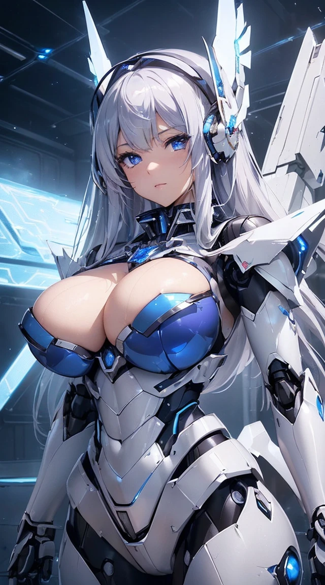 ((Intense action pose:1.6))、((Shining lenses on both breasts:1.3))、((Blue pillars of light are emanating from both chests.:1.3))、smile、((8K)), ((32k)), ((Highest quality)), ((masterpiece)), ((超A high resolution)), ((Tmasterpiece)), ((Halation:1.4))、((Mechaニカルheadgear:1.2))、((Cyber Headphones:1.3))、Fine skin, High quality fabric, Fine metal texture、((Beautiful and dense face))、RAW Photos、Professional, Ultra-fine painting, ((alone)), Beautiful breasts、Highest quality, Very detailed, Very detailed詳細, Finer details, so beautiful, ((Princess Knight Robot:1.2)), (Joints of machines, Mechanical Limbs:1.3), (The internal structure of the machine is exposed:1.3), (Long silver hair:1.1), (Beautiful and huge mechanical breasts)、White Veil, cowboy_shot, Side Focus, headgear, Shiny、(Five Fingers, Four fingers and thumb),Concept Art, Anime fantasy artwork, Detailed fantasy art, (with pale blue-violet hair and large white wings,,,,,,,), (((Long silver hair))), (Mecha:1.6)、Sleek and intimidating design, ((Commander-in-Chief'arm)), (Perfect robot body)、純白と青紫armまたは, Symmetrical wings, 8K high quality, detailed art, 3D rendering of character art in 8K, neat legs, Defined, Defined fingers,