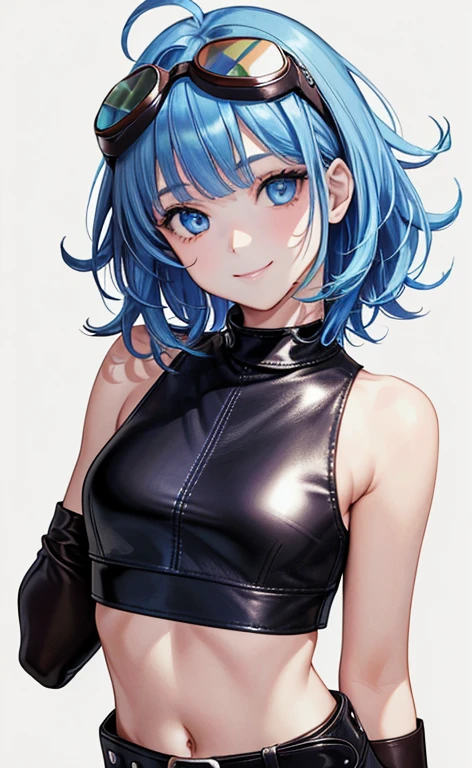 (Face:1.5)、(masterpiece:1.5、Photorealistic:1.4,anime coloring:1.4、high resolution:1.4)、,(spot light:1.2、Exquisite beautiful eye:1.5,)、(stand:1.5)、(messy hair:1.5)、(upper body:1.5)、
(kind eyes、tareme:1.4),(goggles:1.5)、(Cute Face)、(blue hair:1.5)、(middle hair:1.5),(sidelock :1.6),(blunt bangs:1.3),(1 girl)、(blue eyes:1.2)、(light smile:1.5),(Face:1.5)、(solo)、(Face up:1.5) ,(),(small breasts),(),(leather crop top:1.5),()、()、()、Slim Body(),Shiny Hair、