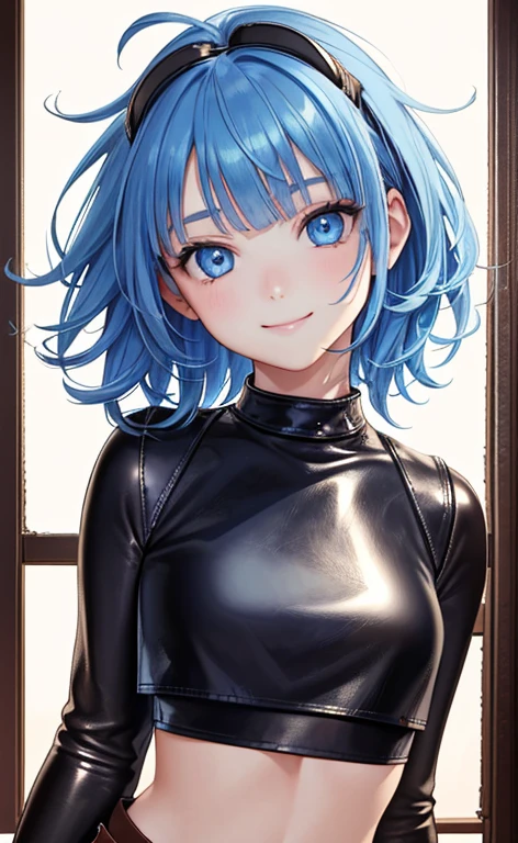 (Face:1.5)、(masterpiece:1.5、Photorealistic:1.4,anime coloring:1.4、high resolution:1.4)、,(spot light:1.2、Exquisite beautiful eye:1.5,)、(stand:1.5)、(messy hair:1.5)、(upper body:1.5)、
(kind eyes、tareme:1.4),(goggles:1.5)、(Cute Face)、(blue hair:1.5)、(middle hair:1.5),(sidelock :1.6),(blunt bangs:1.3),(1 girl)、(blue eyes:1.2)、(light smile:1.5),(Face:1.5)、(solo)、(Face up:1.5) ,(),(small breasts),(),(leather crop top:1.5),()、()、()、Slim Body(),Shiny Hair、