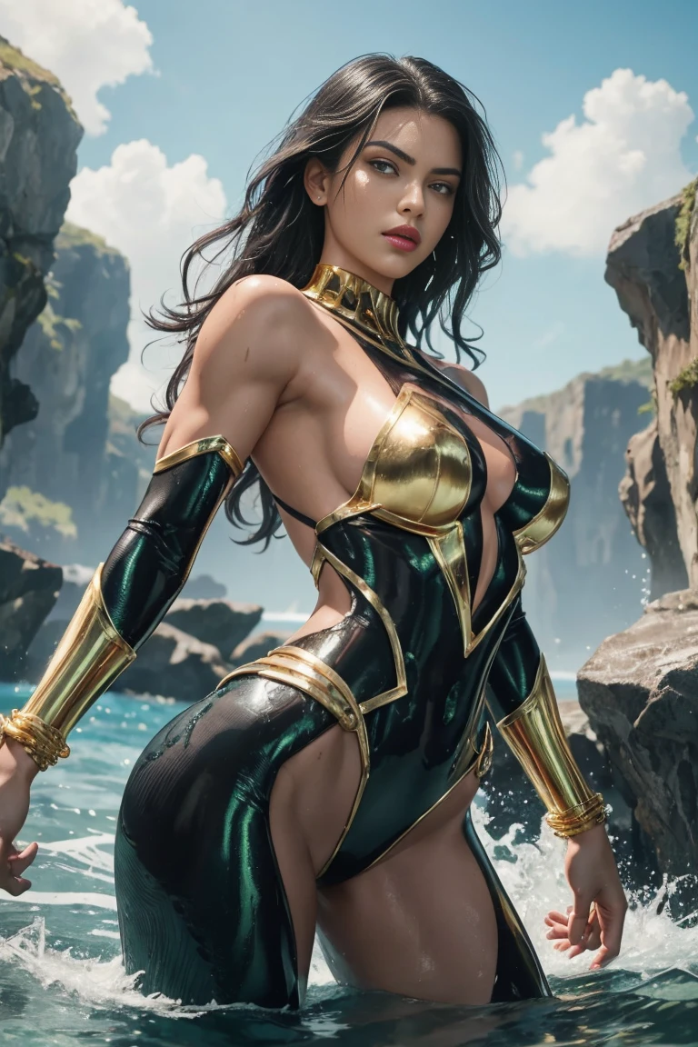 Full body shot seen from behind Sexy , superheroine Aquagirl long shaggy wet black hair falling on her long black shoulders, glowing green, eyes red lips muscular body large breast wears a transparent green scaly shiny elastic body-fitting wetsuit, plunging sleeveless top gold shoulder pads gold bracelets revealing abs midriff a Z symbol on her chest portrait photography by artgerm, in the style of realism, glistening skin, cartooncore, mangacore, natural lighting, Defined full lips. Muscular fitness feminine body standing in the water in the background is a huge terrifying water monster