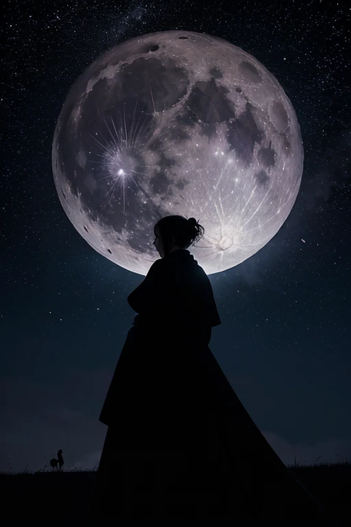 Highest quality,Big moon and shadow,A silhouette of a person can be seen against the backdrop of a large moon.,There is one full moon,There is a mood,Beautiful scenery,Starry Sky