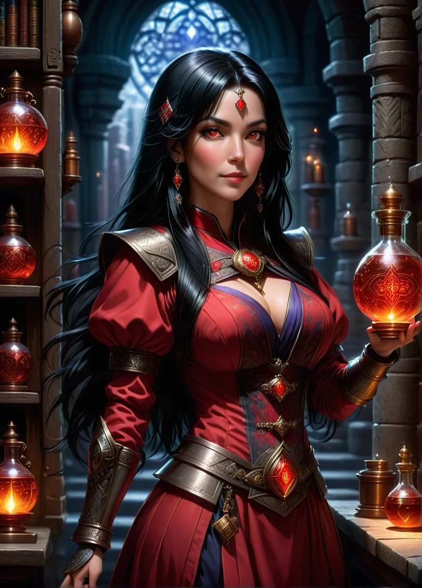 human alchemist, mature female, long black hair, red clothes, guild symbols and patterns, dark ethereal laboratory at night, holding an potion bottle, full shot, ((looking at viewer:1.2), (from side:0.8)), full armor, athletic, volumetric lighting dynamic lighting, real shadows, vibrant contrasting colors, style of Stephen Hickman and Stan Manoukian, ultra realistic, masterpiece, high quality, highres, sharp focus, intricate, sharp details, highly detailed, rich color, 8K,