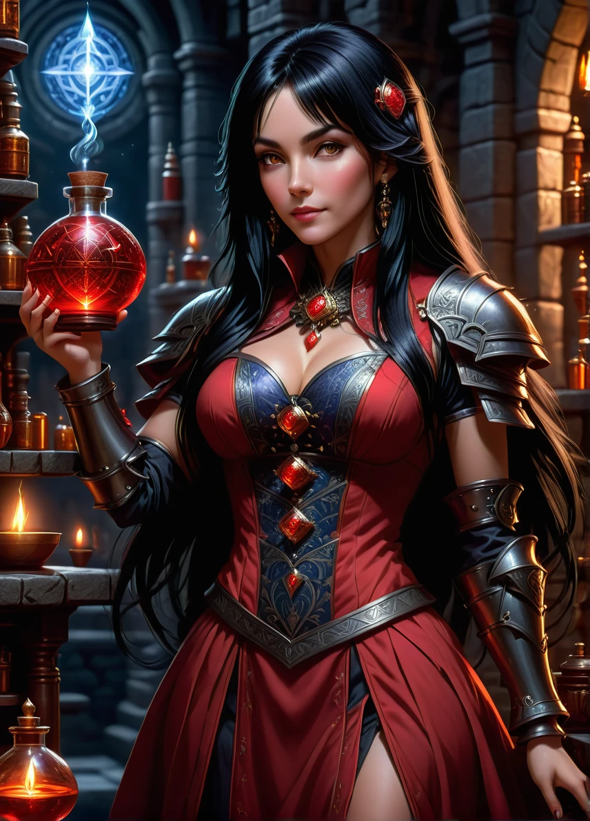 human alchemist, mature female, long black hair, red clothes, guild symbols and patterns, dark ethereal laboratory at night, holding an potion bottle, full shot, ((looking at viewer:1.2), (from side:0.8)), full armor, athletic, volumetric lighting dynamic lighting, real shadows, vibrant contrasting colors, style of Stephen Hickman and Stan Manoukian, ultra realistic, masterpiece, high quality, highres, sharp focus, intricate, sharp details, highly detailed, rich color, 8K,