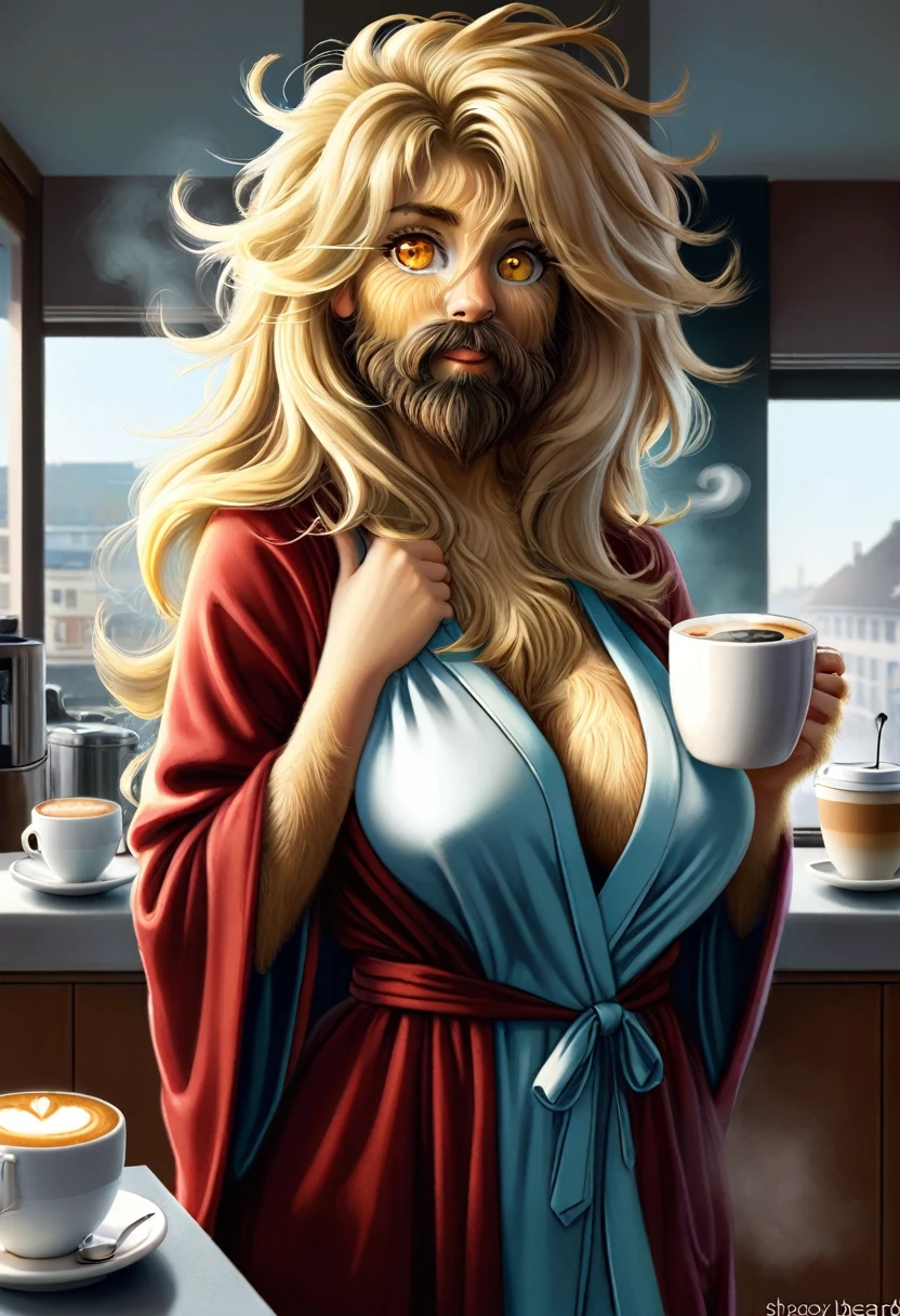 woman with shaggy beard, attractive, disheveled blond hair, amber eyes, half-open dressing gown, hair on shaggy breasts, drinks her coffee when she wakes up