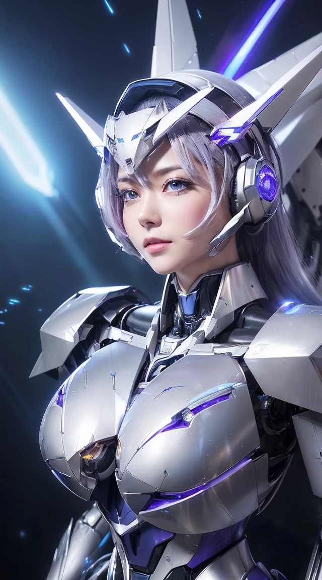((Intense action pose:1.6))、((Shining lenses on both breasts:1.3))、((Blue pillars of light are emanating from both chests.:1.3))、smile、((8K)), ((32k)), ((Highest quality)), ((masterpiece)), ((超A high resolution)), ((Tmasterpiece)), ((Halation:1.4))、((Mechaニカルheadgear:1.2))、((Cyber Headphones:1.3))、Fine skin, High quality fabric, Fine metal texture、((Beautiful and dense face))、RAW Photos、Professional, Ultra-fine painting, ((alone)), Beautiful breasts、Highest quality, Very detailed, Very detailed詳細, Finer details, so beautiful, ((Princess Knight Robot:1.2)),  (Joints of machines, Mechanical Limbs:1.3), (The internal structure of the machine is exposed:1.3), (Long silver hair:1.1), (Beautiful and huge mechanical breasts)、White Veil, cowboy_shot, Side Focus, headgear, Shiny、(Five Fingers, Four fingers and thumb),Concept Art, Anime fantasy artwork, Detailed fantasy art, (with pale blue-violet hair and large white wings,,,,,,,), (((Long silver hair))), (Mecha:1.6)、Sleek and intimidating design, ((Commander-in-Chief&#39;arm)), (Perfect robot body)、純白と青紫armまたは, Symmetrical wings, 8K high quality, detailed art, 3D rendering of character art in 8K, neat legs, Defined, Defined fingers,