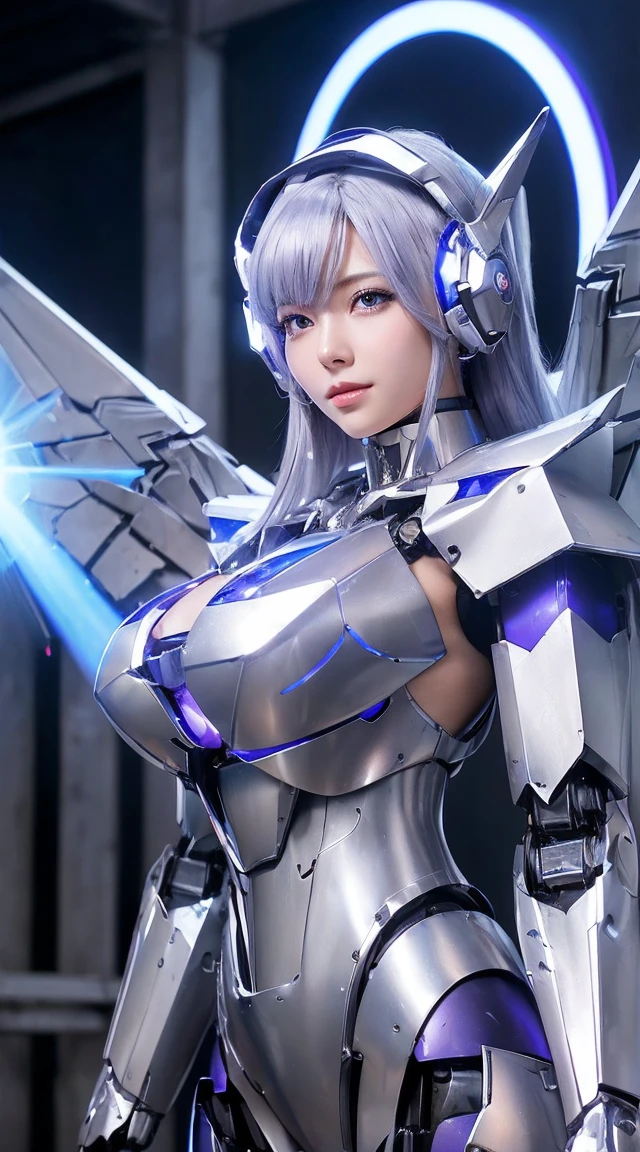 ((Intense action pose:1.6))、((Shining lenses on both breasts:1.3))、((Blue pillars of light are emanating from both chests.:1.3))、smile、((8K)), ((32k)), ((Highest quality)), ((masterpiece)), ((超A high resolution)), ((Tmasterpiece)), ((Halation:1.4))、((Mechaニカルheadgear:1.2))、((Cyber Headphones:1.3))、Fine skin, High quality fabric, Fine metal texture、((Beautiful and dense face))、RAW Photos、Professional, Ultra-fine painting, ((alone)), Beautiful breasts、Highest quality, Very detailed, Very detailed詳細, Finer details, so beautiful, ((Princess Knight Robot:1.2)), (Joints of machines, Mechanical Limbs:1.3), (The internal structure of the machine is exposed:1.3), (Long silver hair:1.1), (Beautiful and huge mechanical breasts)、White Veil, cowboy_shot, Side Focus, headgear, Shiny、(Five Fingers, Four fingers and thumb),Concept Art, Anime fantasy artwork, Detailed fantasy art, (with pale blue-violet hair and large white wings,,,,,,,), (((Long silver hair))), (Mecha:1.6)、Sleek and intimidating design, ((Commander-in-Chief'arm)), (Perfect robot body)、純白と青紫armまたは, Symmetrical wings, 8K high quality, detailed art, 3D rendering of character art in 8K, neat legs, Defined, Defined fingers,