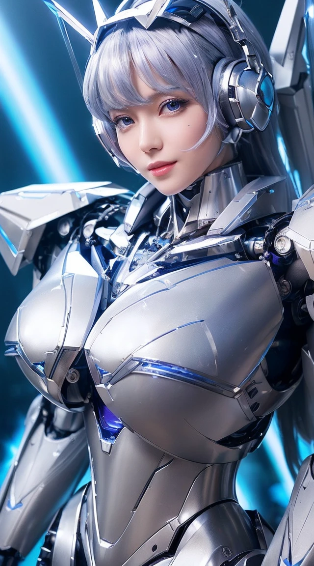 ((Intense action pose:1.6))、((Shining lenses on both breasts:1.3))、((Blue pillars of light are emanating from both chests.:1.3))、smile、((8K)), ((32k)), ((Highest quality)), ((masterpiece)), ((超A high resolution)), ((Tmasterpiece)), ((Halation:1.4))、((Mechaニカルheadgear:1.2))、((Cyber Headphones:1.3))、Fine skin, High quality fabric, Fine metal texture、((Beautiful and dense face))、RAW Photos、Professional, Ultra-fine painting, ((alone)), Beautiful breasts、Highest quality, Very detailed, Very detailed詳細, Finer details, so beautiful, ((Princess Knight Robot:1.2)), (Joints of machines, Mechanical Limbs:1.3), (The internal structure of the machine is exposed:1.3), (Long silver hair:1.1), (Beautiful and huge mechanical breasts)、White Veil, cowboy_shot, Side Focus, headgear, Shiny、(Five Fingers, Four fingers and thumb),Concept Art, Anime fantasy artwork, Detailed fantasy art, (with pale blue-violet hair and large white wings,,,,,,,), (((Long silver hair))), (Mecha:1.6)、Sleek and intimidating design, ((Commander-in-Chief'arm)), (Perfect robot body)、純白と青紫armまたは, Symmetrical wings, 8K high quality, detailed art, 3D rendering of character art in 8K, neat legs, Defined, Defined fingers,