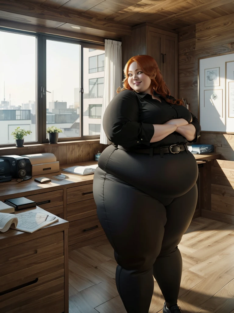 A happy/excited and detailed photo of a Beautiful ginger architect SSBBW, with long wavy ginger hair, with big soft fat belly, thicc fat arms, thicc wide legs, big breast, in long black pants, long black shirt tucked in her pants, black belt, in her new modern wooden-styled architect office holding a pen, architect office with a lot of building models and house blueprints, building blueprints on walls, huge window