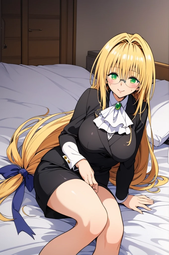 (masterpiece, best quality), 1girl,   aatearju, very long hair, low-tied long hair, hair ribbon, green eyes, glasses,blonde, huge breasts, white ascot, black jacket, long sleeves, black skirt,on bed,looking viewer,blush,smile