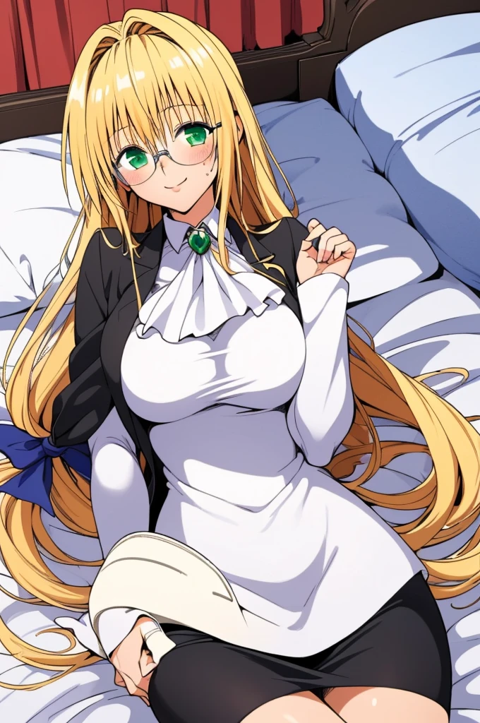 (masterpiece, best quality), 1girl,   aatearju, very long hair, low-tied long hair, hair ribbon, green eyes, glasses,blonde, huge breasts, white ascot, black jacket, long sleeves, black skirt,on bed,looking viewer,blush,smile