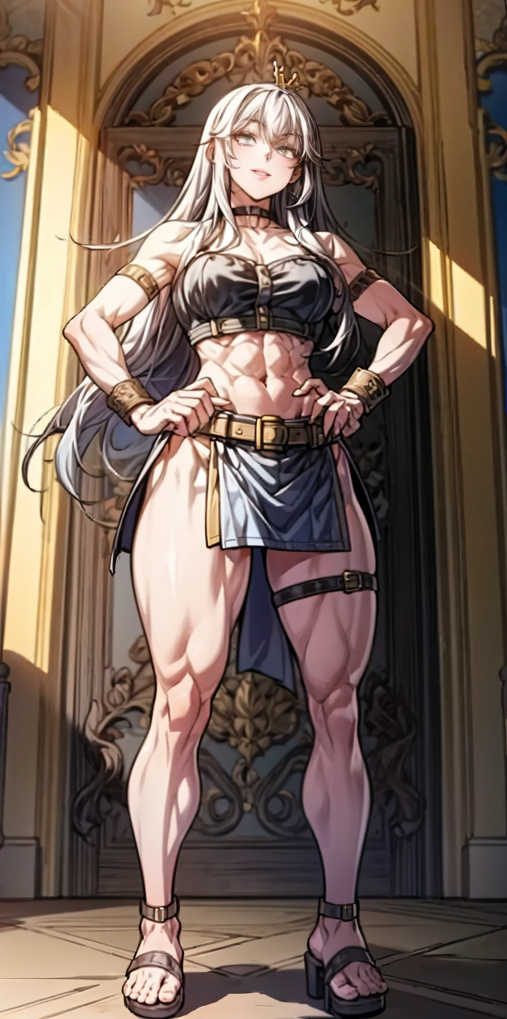 female pale skin full body whole body 1sologirl standing loincloth warrior proud expression, hands on the hips, standing loincloth, hands on the hips, metal sandals, leather choker with golden bell navel, leather corset, big belt, View from below, Feet together, Bracers, tiara