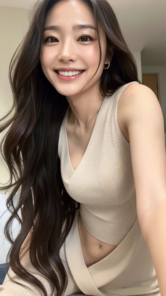 ((Highest quality)), ((8K)), ((masterpiece: 1.3)), (Perfect appearance), (Photorealism: 1.6), (MOR), (View from directly below: 1.2), (Japanese Mature), (58 years old), ((Realistic skin texture)), (Fine wrinkles appear all over the skin), (Dullness), (Unmoisturized skin) , (Facial wrinkles), (Wrinkles around the eyes), double eyelid, Lower eyelid tear trough, (Dimples), Short bangs, Long wavy hair, She is smiling gently with the corners of her mouth raised, Doing sexy poses, Mature woman&#39;s loose figure, Small breasts, Small breasts, Flat Chest, Bedroom with morning sun streaming in, Strong sunlight, bright, She is smiling gently with the corners of her mouth raised,