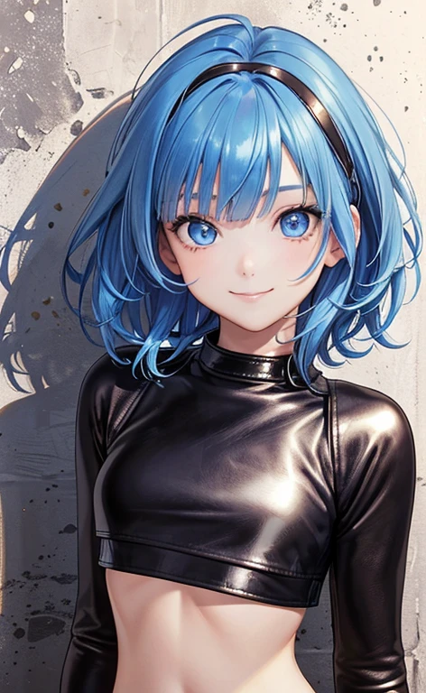 (Face:1.5)、(masterpiece:1.5、Photorealistic:1.4,anime coloring:1.4、high resolution:1.4)、,(spot light:1.2、Exquisite beautiful eye:1.5,)、(stand:1.5)、(messy hair:1.5)、(upper body:1.5)、
(kind eyes、tareme:1.4),(goggles:1.5)、(Cute Face)、(blue hair:1.5)、(middle hair:1.5),(sidelock :1.6),(blunt bangs:1.3),(1 girl)、(blue eyes:1.2)、(light smile:1.5),(Face:1.5)、(solo)、(Face up:1.5) ,(),(small breasts),(),(leather crop top:1.5),()、()、()、Slim Body(),Shiny Hair、