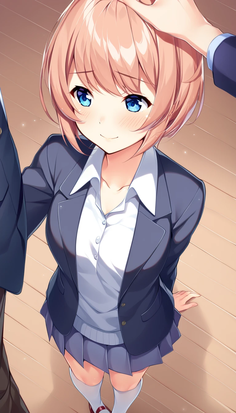 one girl, lovely, blazer, Sayori, my childhood friend, cute, short hair, blush, light blue eyes, love me, I stroke her head gently, feel happiness, from above, my hand on her head, I cherish her