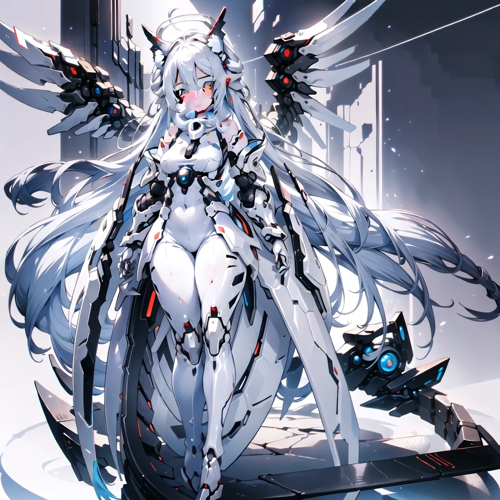 masterpiece, highest quality, highest resolution, clear_image, detailed details, White hair, long hair, cat ears, 1 girl, red eyes, sci-fi dress, white scarf (white scarf around the neck with a light blue glow), gray futuristic halo (gray halo over the head), white wings (6 wings), cute, full body, no water marks, snow, normal ears. white dragon