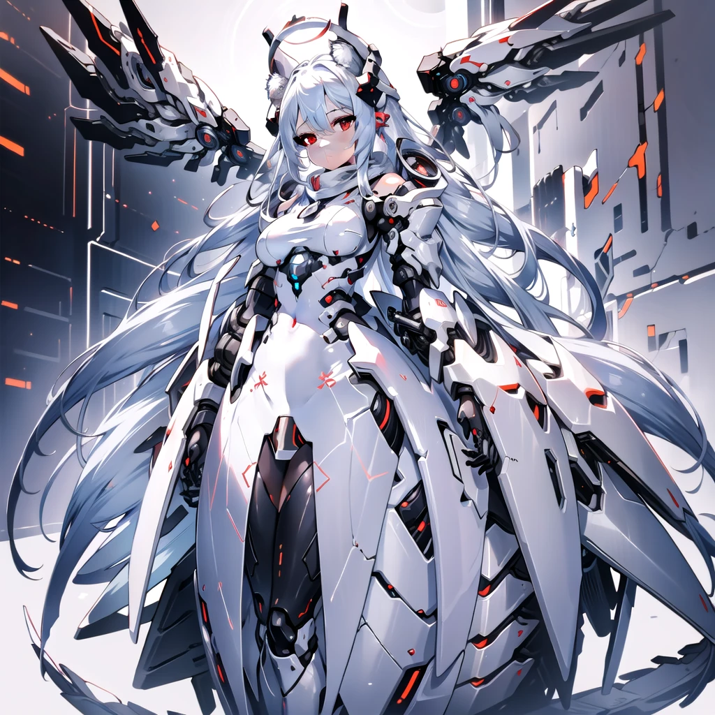 masterpiece, highest quality, highest resolution, clear_image, detailed details, White hair, long hair, cat ears, 1 girl, red eyes, sci-fi dress, white scarf (white scarf around the neck with a light blue glow), gray futuristic halo (gray halo over the head), white wings (6 wings), cute, full body, no water marks, snow, normal ears. white dragon