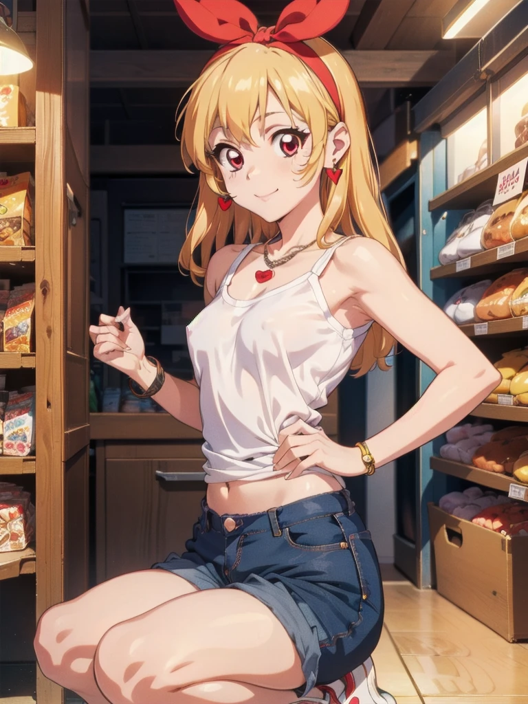 , ((beautiful)), ((masterpiece)), ((best quality)), (extremely detailed face), perfect lighting, highres, 8k, wallpaper, backlit, (absurdres), (ultra detailed, 8K, ultra highres:1.2), BREAK,(RED Ribbon on HAIRband:1.2),Blonde HAIR,smile,navel,groin,denim shorts,loose clothes,shirt pull:1.4,shorts pull:1.4,A fashionable female ,dressed in a casual yet stylish outfit,browsed the racks of clothes at the department store. She hummed a tune to herself as she examined the various accessories and small items on display. Her outfit consisted of a pair of ripped denim shorts paired with a loose, camisole and a pair of sneakers. She accessorized with a small, silver bracelet on her wrist. As she shopped, the girl couldn't help but be drawn to the various colorful and glittering items in the store. She picked up a pair of cute, heart-shaped earrings and a matching necklace,admiring them in the bright, fluorescent lighting,Ichigo Hoshimiya (Aikatsu!),from below,squatting,groin_focus,