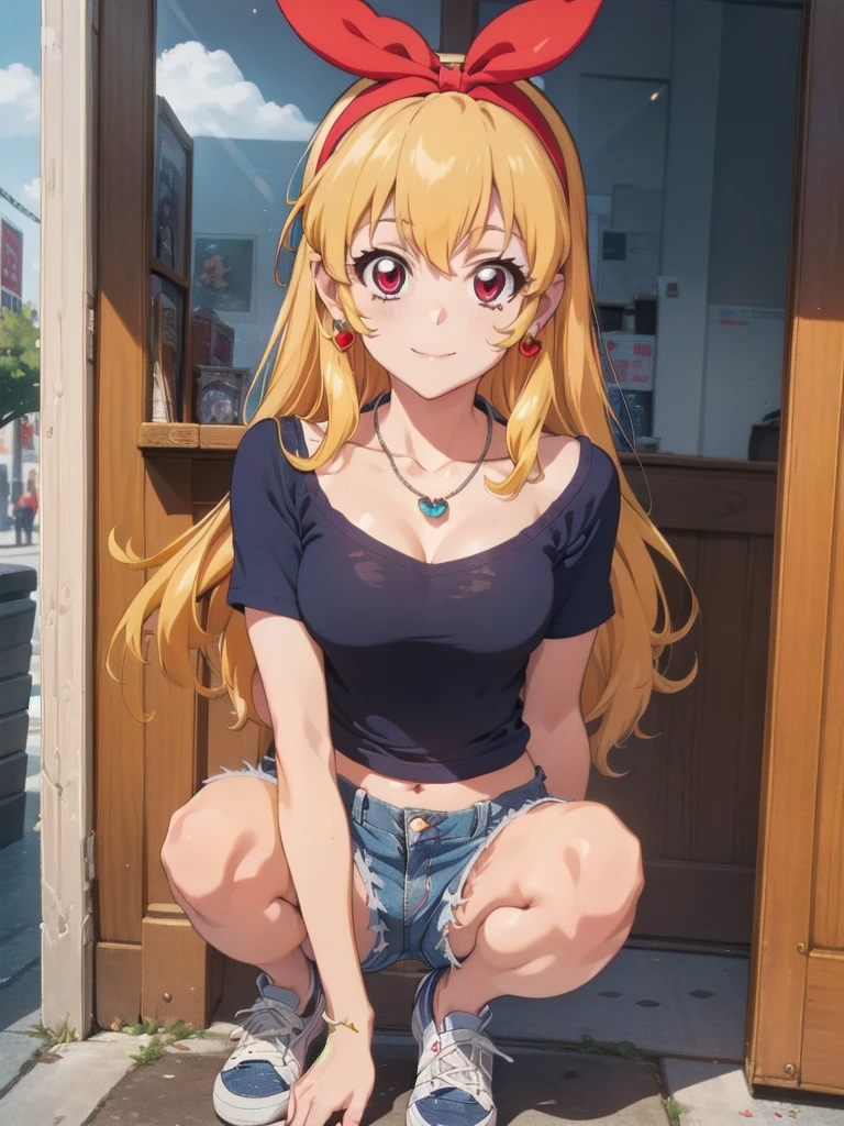 , ((beautiful)), ((masterpiece)), ((best quality)), (extremely detailed face), perfect lighting, highres, 8k, wallpaper, backlit, (absurdres), (ultra detailed, 8K, ultra highres:1.2), BREAK,(RED Ribbon on HAIRband:1.2),Blonde HAIR,smile,navel,groin,denim shorts,loose clothes,shirt pull:1.4,shorts pull:1.4,A fashionable female ,dressed in a casual yet stylish outfit,browsed the racks of clothes at the department store. She hummed a tune to herself as she examined the various accessories and small items on display. Her outfit consisted of a pair of ripped denim shorts paired with a loose, camisole and a pair of sneakers. She accessorized with a small, silver bracelet on her wrist. As she shopped, the girl couldn't help but be drawn to the various colorful and glittering items in the store. She picked up a pair of cute, heart-shaped earrings and a matching necklace,admiring them in the bright, fluorescent lighting,Ichigo Hoshimiya (Aikatsu!),from below,squatting,groin_focus,