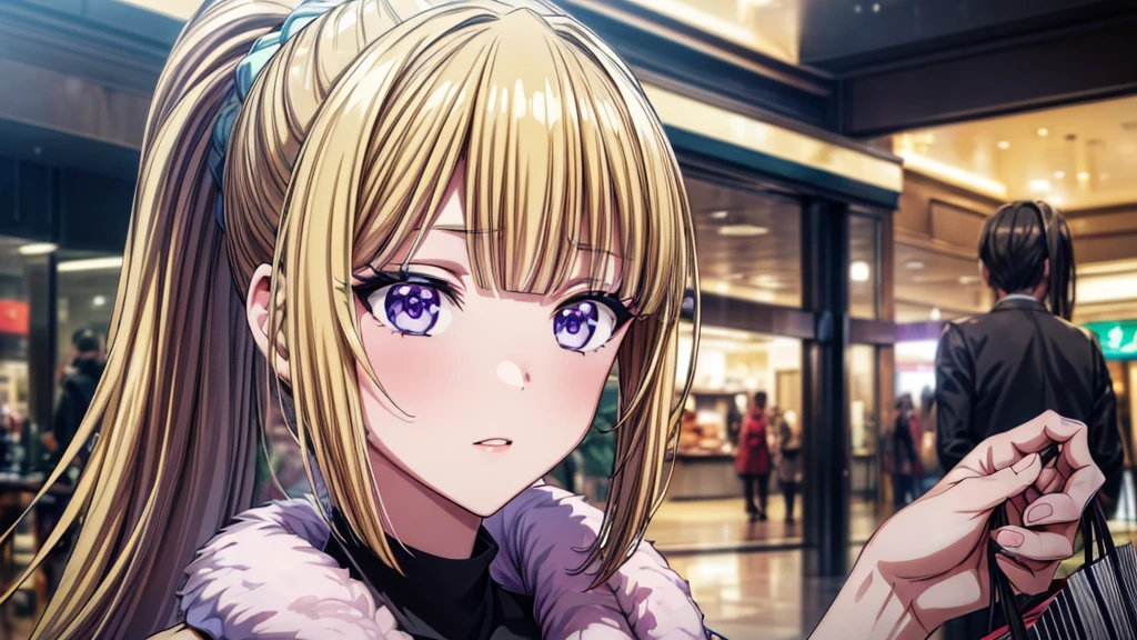 (masterpiece, top quality, best quality, official art, beautiful and aesthetic:1.2), (1girl:1.3), extremely detailed, official artstyle, highest detailed, parted lips,wallpaper, Kei Karuizawa, blonde hair, ponytail hairstyles, violet eyes, bangs, in mall, shopping, carrying shopping bag, shopping at mall, 