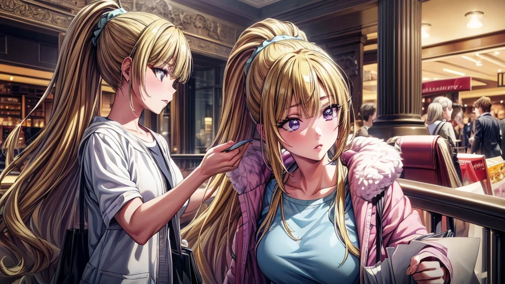 (masterpiece, top quality, best quality, official art, beautiful and aesthetic:1.2), (1girl:1.3), extremely detailed, official artstyle, highest detailed, parted lips,wallpaper, Kei Karuizawa, blonde hair, ponytail hairstyles, violet eyes, bangs, in mall, shopping, carrying shopping bag, shopping at mall, 