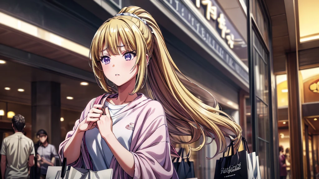 (masterpiece, top quality, best quality, official art, beautiful and aesthetic:1.2), (1girl:1.3), extremely detailed, official artstyle, highest detailed, parted lips,wallpaper, Kei Karuizawa, blonde hair, ponytail hairstyles, violet eyes, bangs, in mall, shopping, carrying shopping bag, shopping at mall,