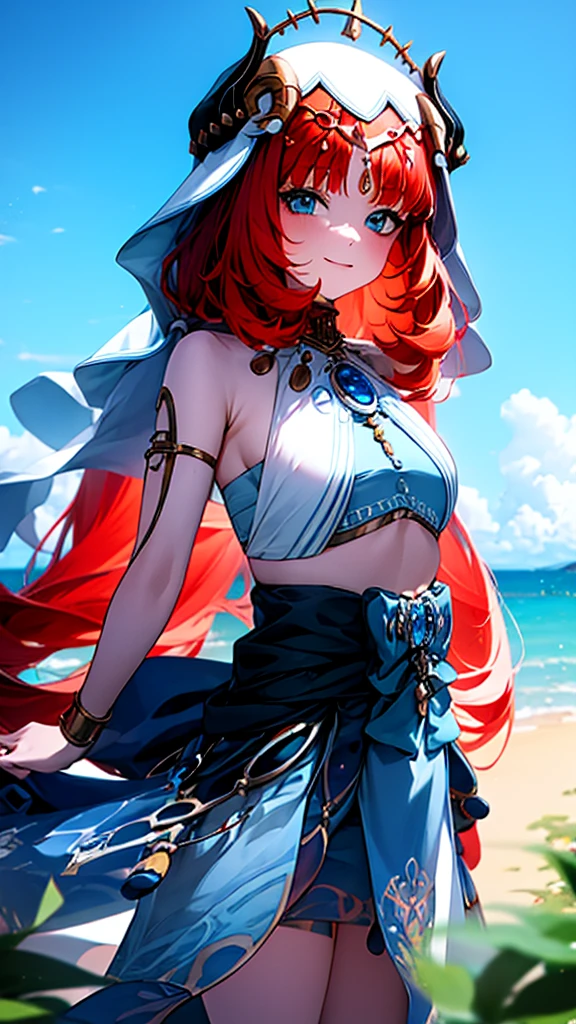 (art: 1.2), (best quality: 1.2) , summer lighting, Nilou genshin impact, 7 years old, red hair, blue eyes, hands behind back, posing standing, looking at viewer, playful smile, lighting, background blue sky