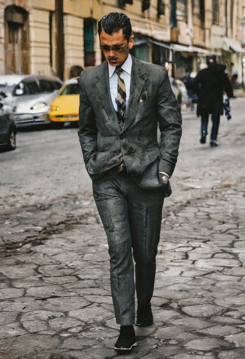 A man in a dirty business suit on the street