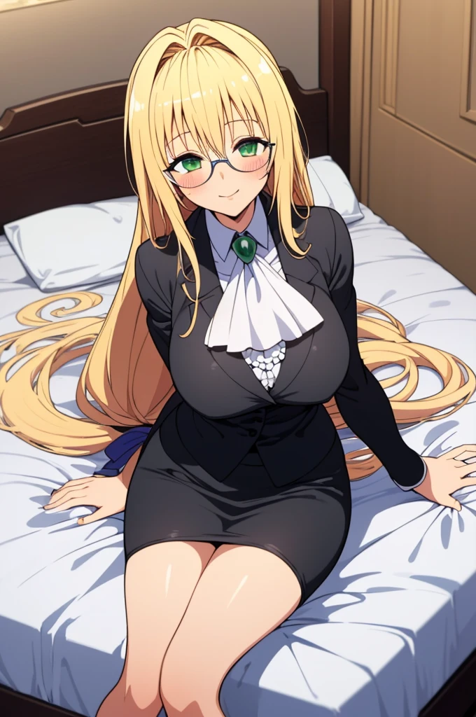 (masterpiece, best quality), 1girl,   aatearju, very long hair, low-tied long hair, hair ribbon, green eyes, glasses,blonde, huge breasts, white ascot, black jacket, long sleeves, black skirt,on bed,looking viewer,blush,smile