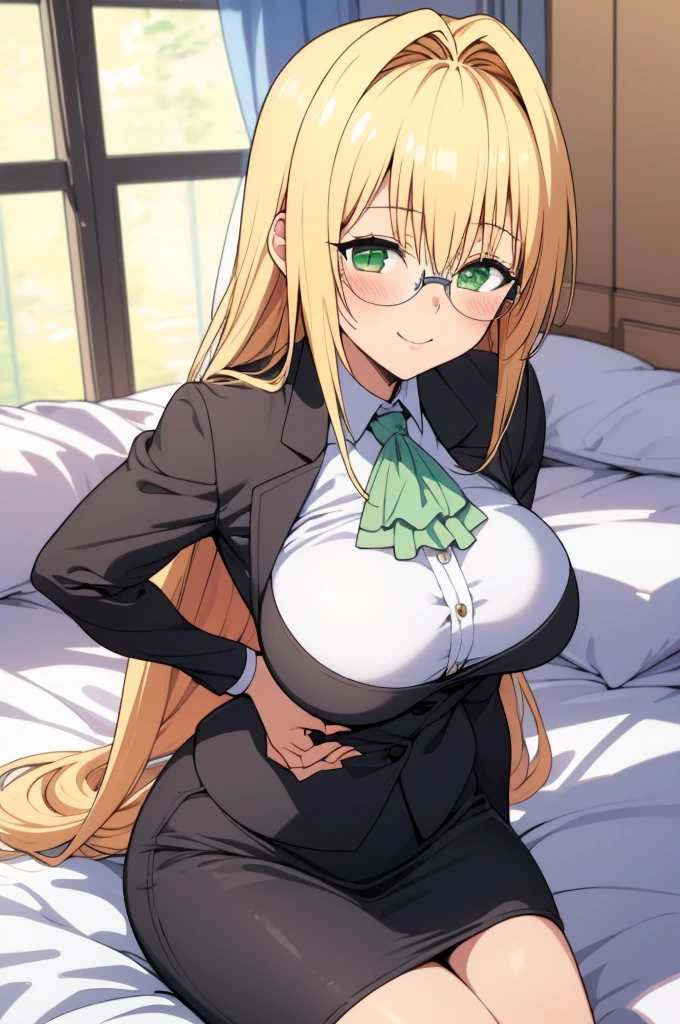 (masterpiece, best quality), 1girl,   aatearju, very long hair, low-tied long hair, hair ribbon, green eyes, glasses,blonde, huge breasts, white ascot, black jacket, long sleeves, black skirt,on bed,looking viewer,blush,smile