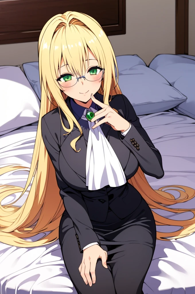 (masterpiece, best quality), 1girl,   aatearju, very long hair, low-tied long hair, hair ribbon, green eyes, glasses,blonde, huge breasts, white ascot, black jacket, long sleeves, black skirt,on bed,looking viewer,blush,smile