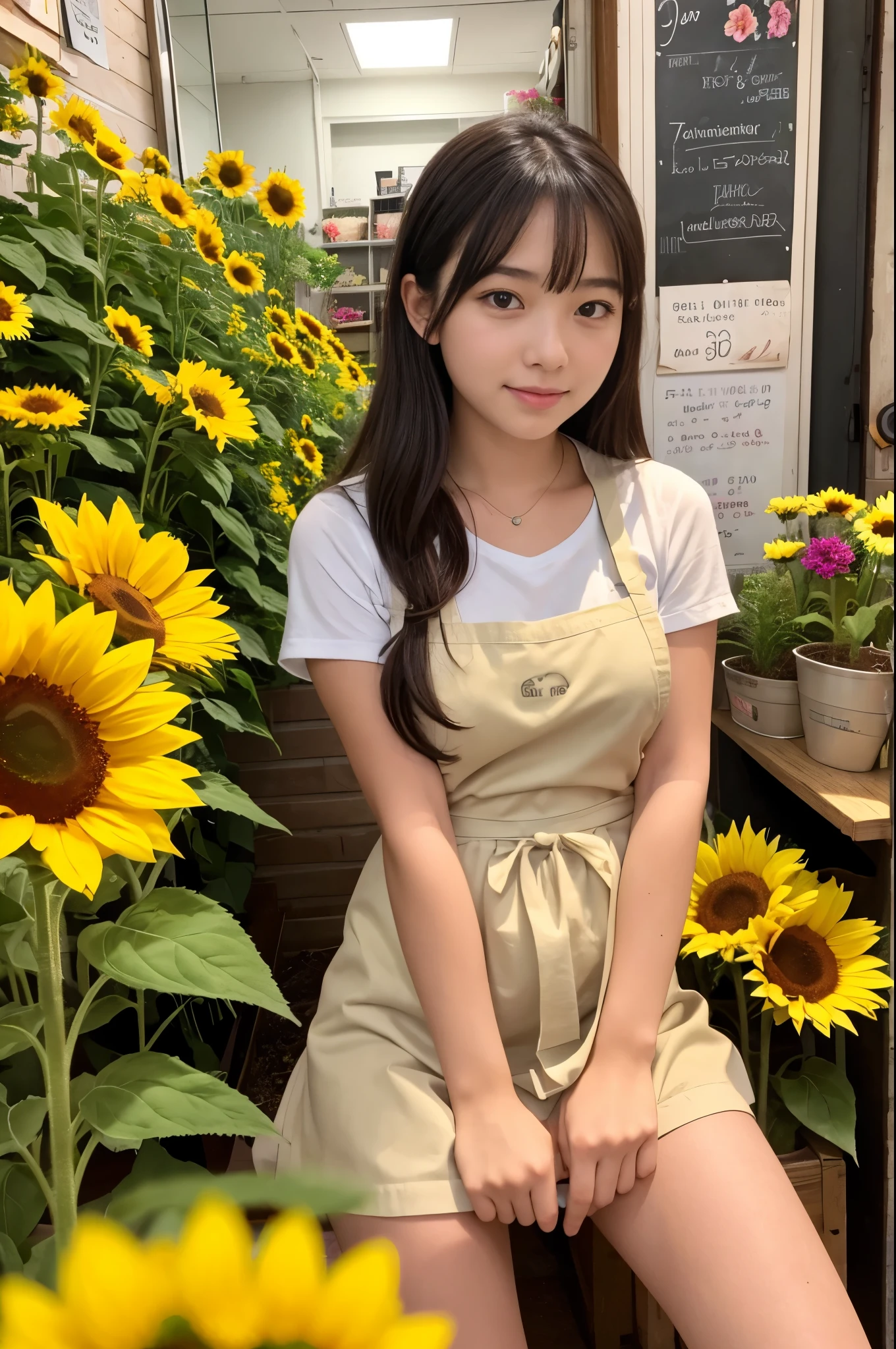 A 20-year-old girl working at a flower shop(Wearing a miniskirt and apron)have a sunflower