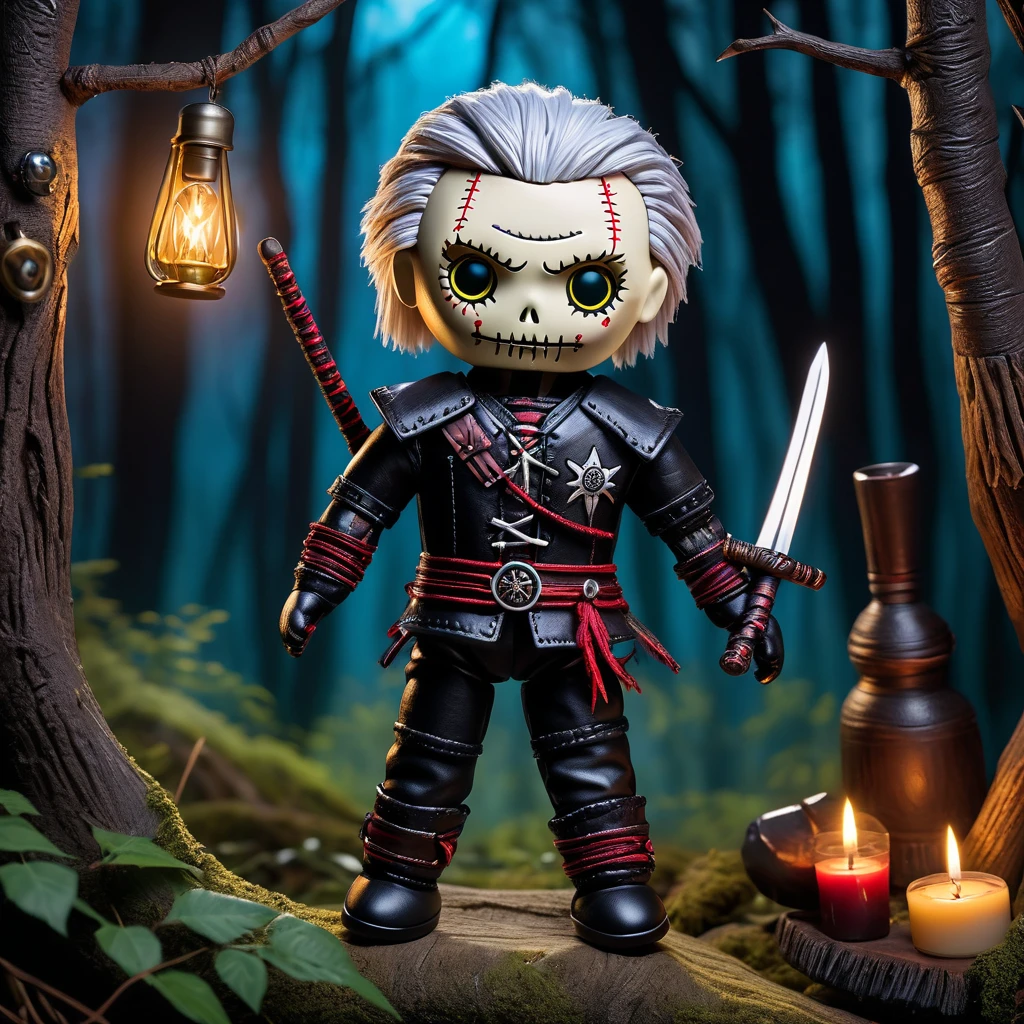 (knitted toy voodoo doll:1.8), (voodoo Geralt1.4), (of Rivia from The Witcher:1.4), (Clothing: leather armor with wolf medallion, black trousers:1.0), (Accessories: silver sword, potions vials:1.1), (background: dark and mystical forest with moonlight filtering through trees:1.2)), best quality, masterpiece, detailed soft oil painting, detailed background, dramatic cinematic lighting, soft edge lighting, professional, dramatic lighting, hard edge lighting, ultra quality, 4k, masterpiece, best quality, 8k, ultra high definition, high resolution, extremely detailed