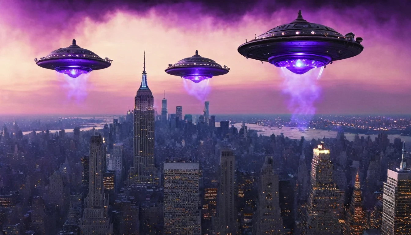 Gray steampunk UFOs with purple glows fly over burning New York, cinematic scene