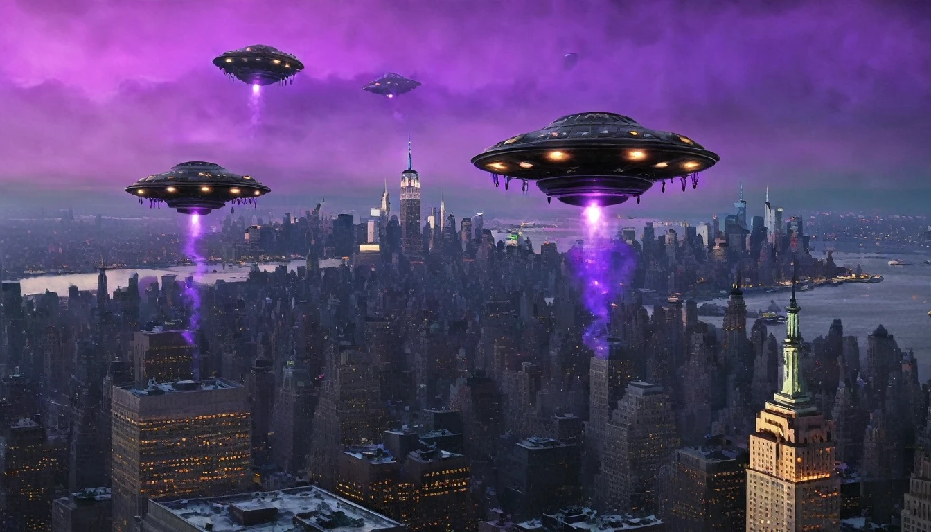 Gray steampunk UFOs with purple glows fly over burning New York, cinematic scene