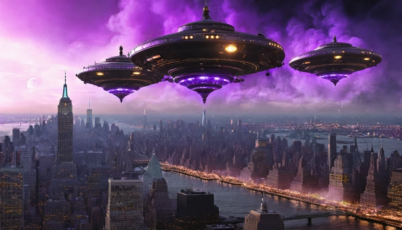 Gray steampunk UFOs with purple glows fly over burning New York, cinematic scene
