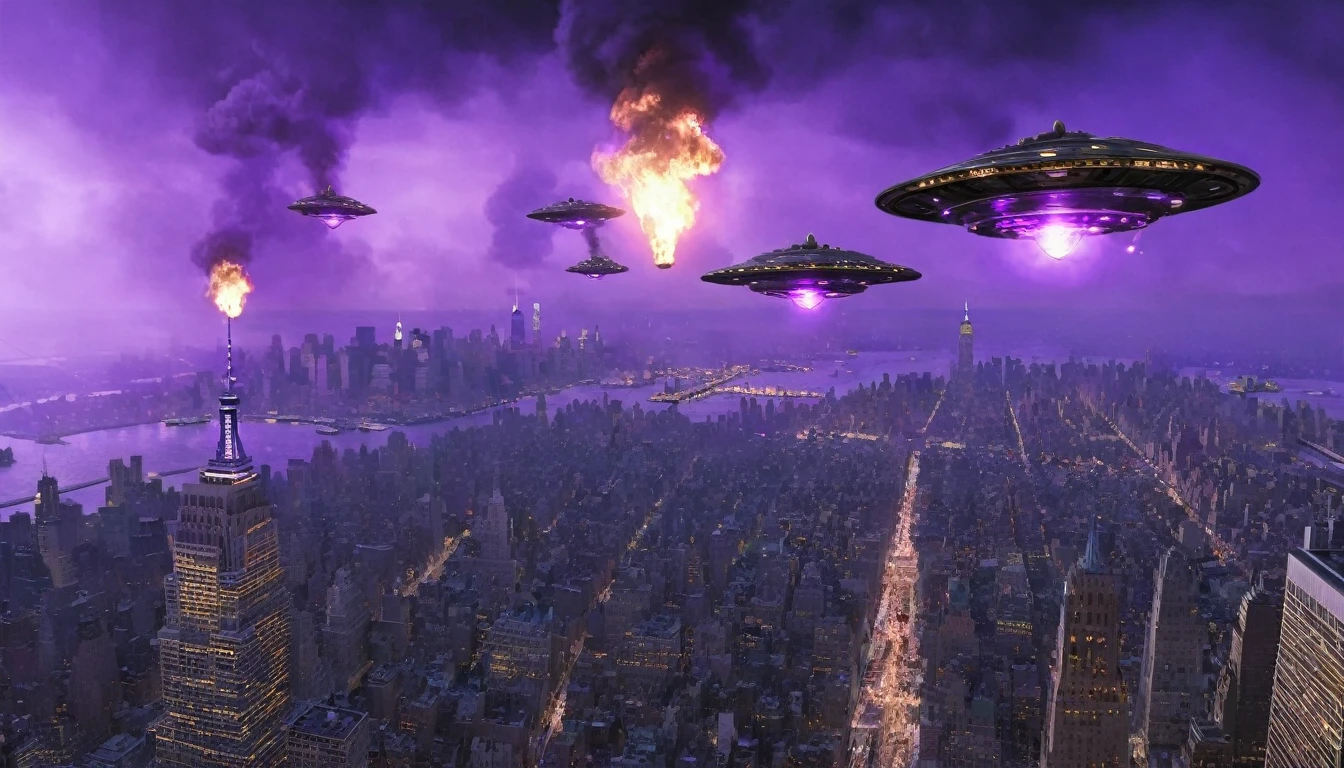 Gray steampunk UFOs with purple glows fly over burning New York, cinematic scene