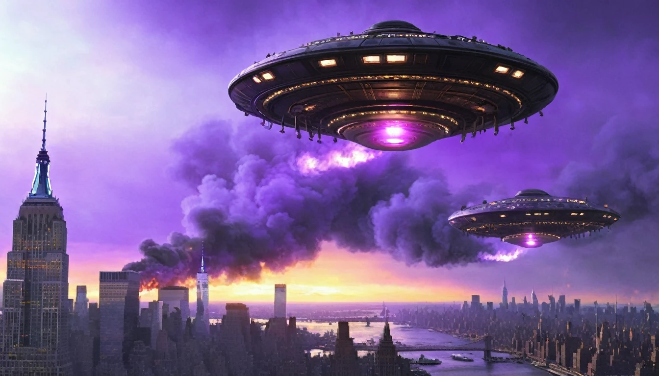 Gray steampunk UFOs with purple glows fly over burning New York, cinematic scene