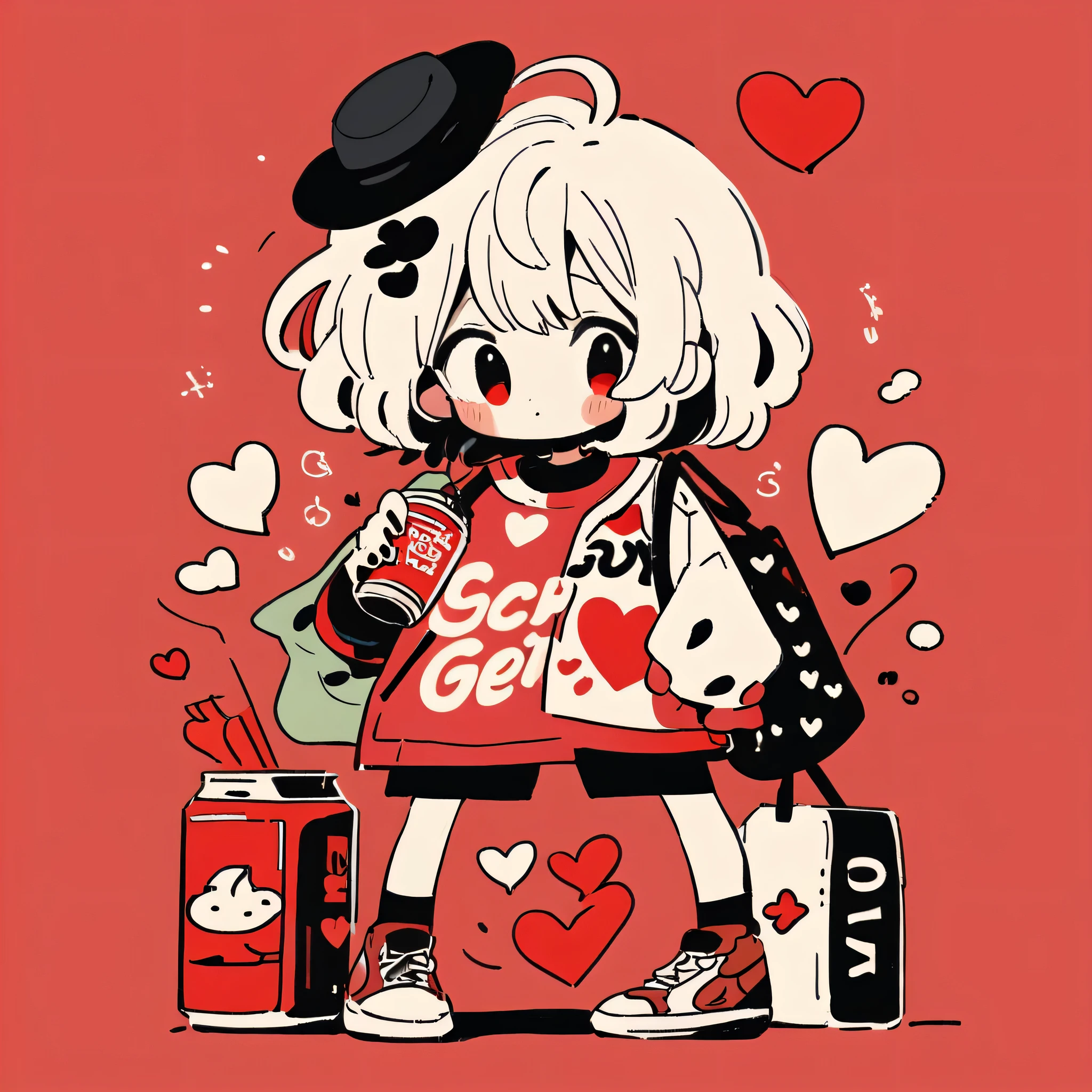 Black Star Red and White style, Simple Line Initialism,Abstract art,Urban Background, colorful hearts ,(((The most beautiful girl of all time))), ((chibi)), Sweet face.