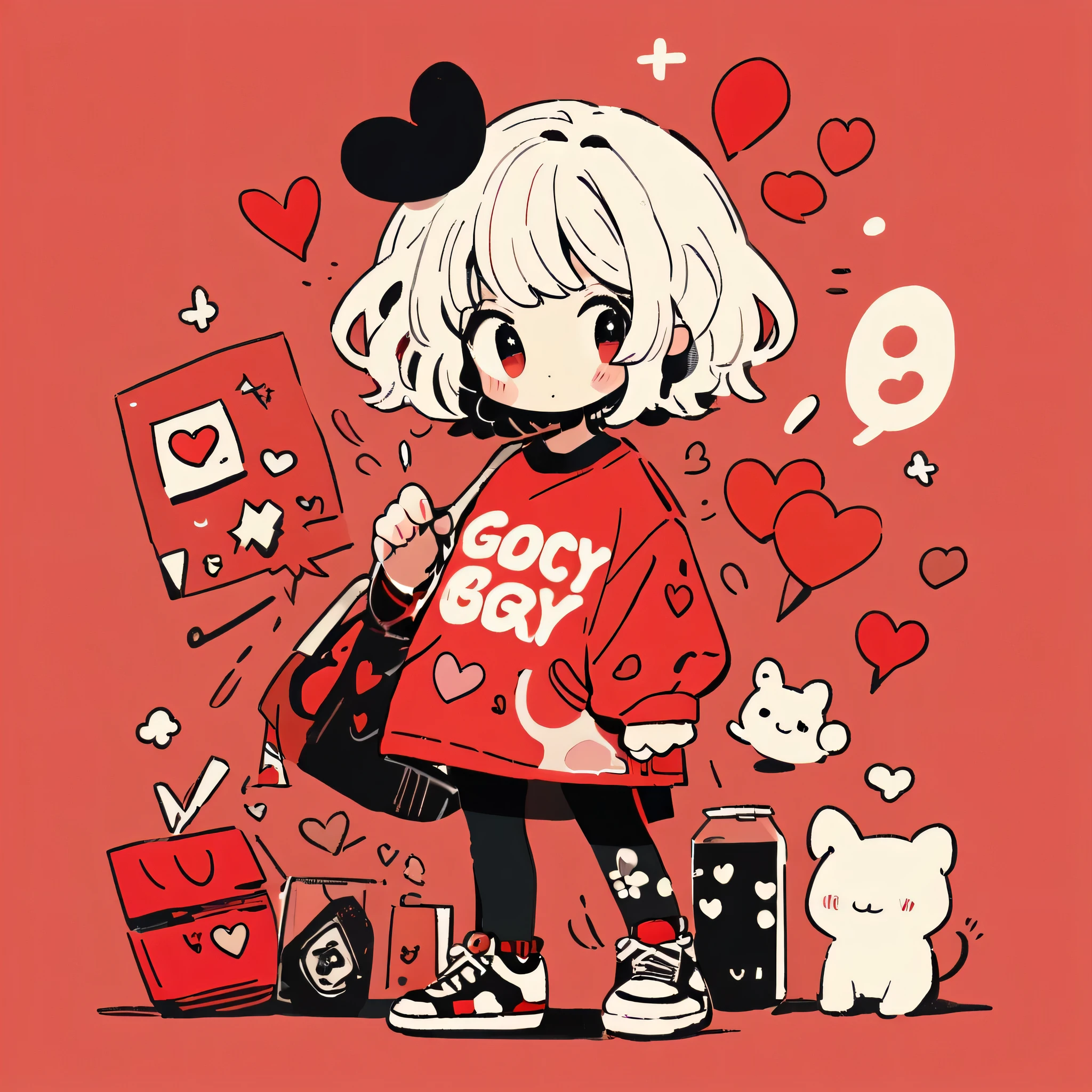 Black Star Red and White style, Simple Line Initialism，Abstract art，Urban Background, colorful hearts ,(((The most beautiful girl of all time))), ((chibi)), Sweet face. 