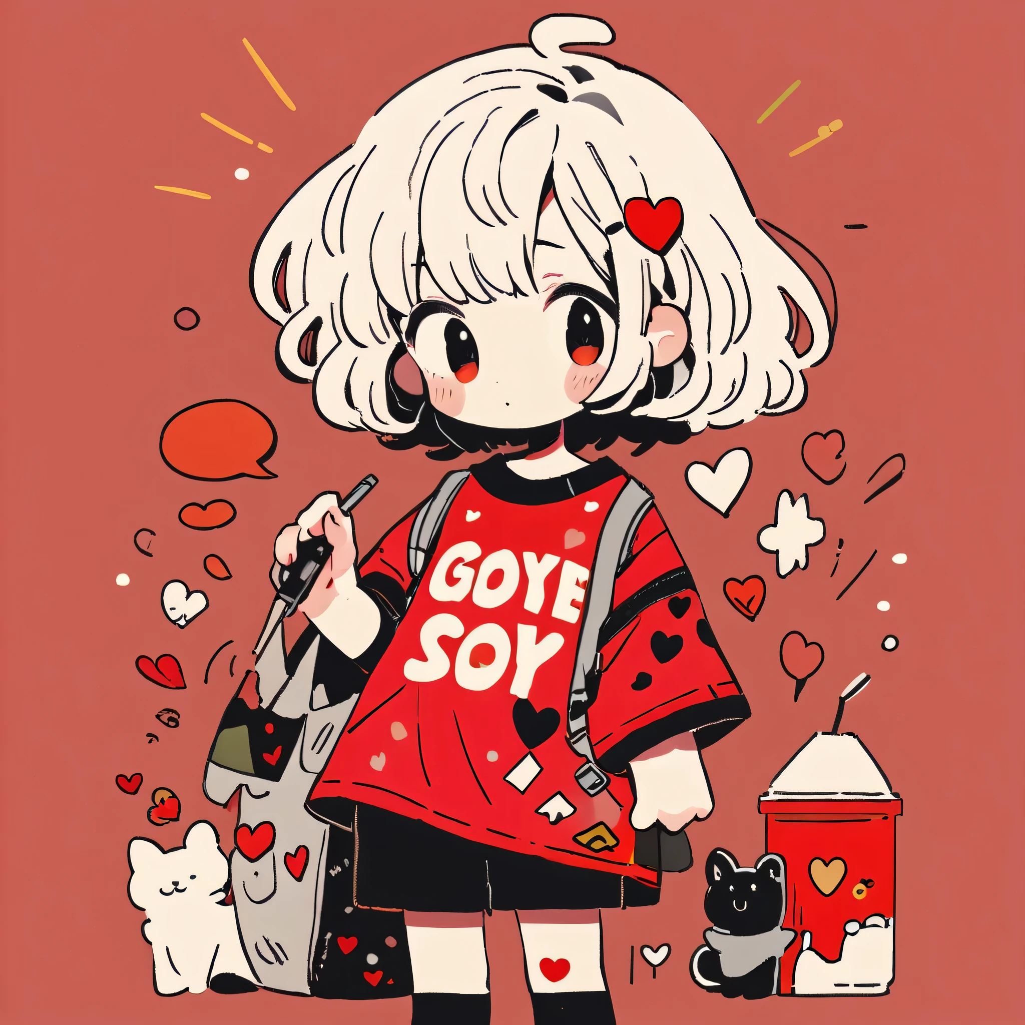 Black Star Red and White style, Simple Line Initialism,Abstract art,Urban Background, colorful hearts ,(((The most beautiful girl of all time))), ((chibi)), Sweet face.