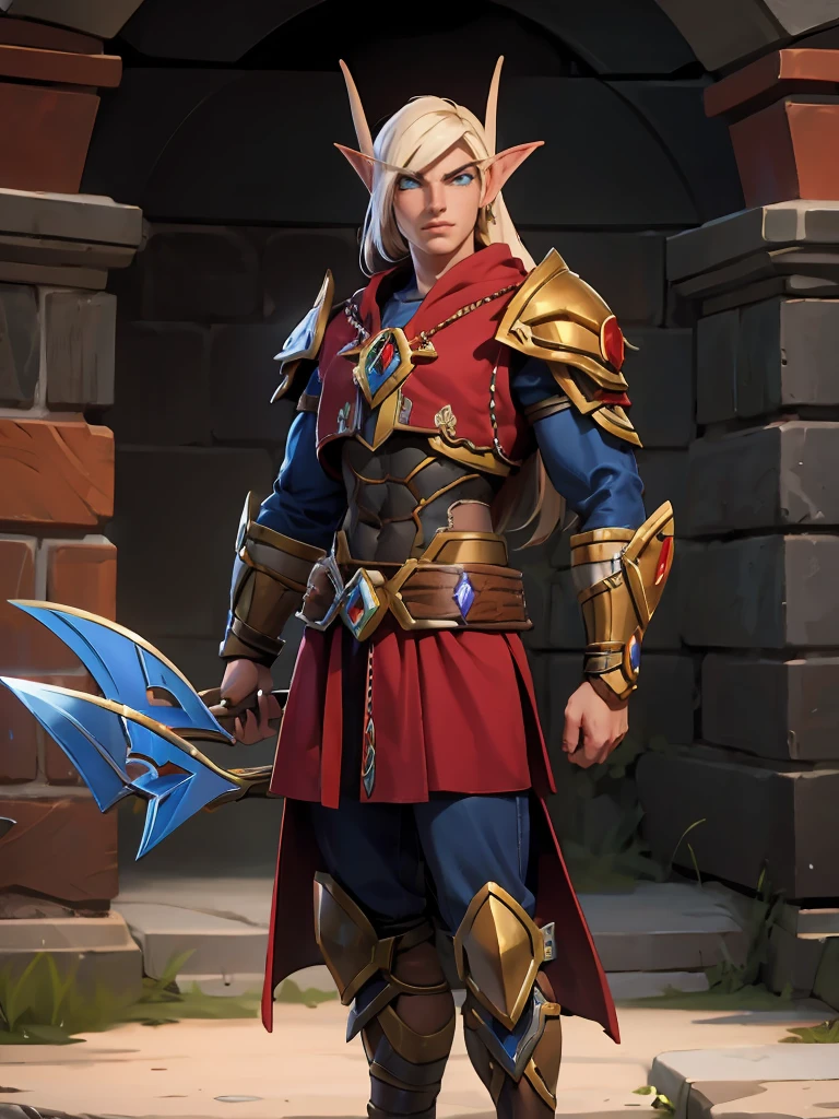 World of Warcraft Bloodelf male, perfects eyes, perfectbody, brawny, Strong, agile elf wears elven armor and holds a longbow.