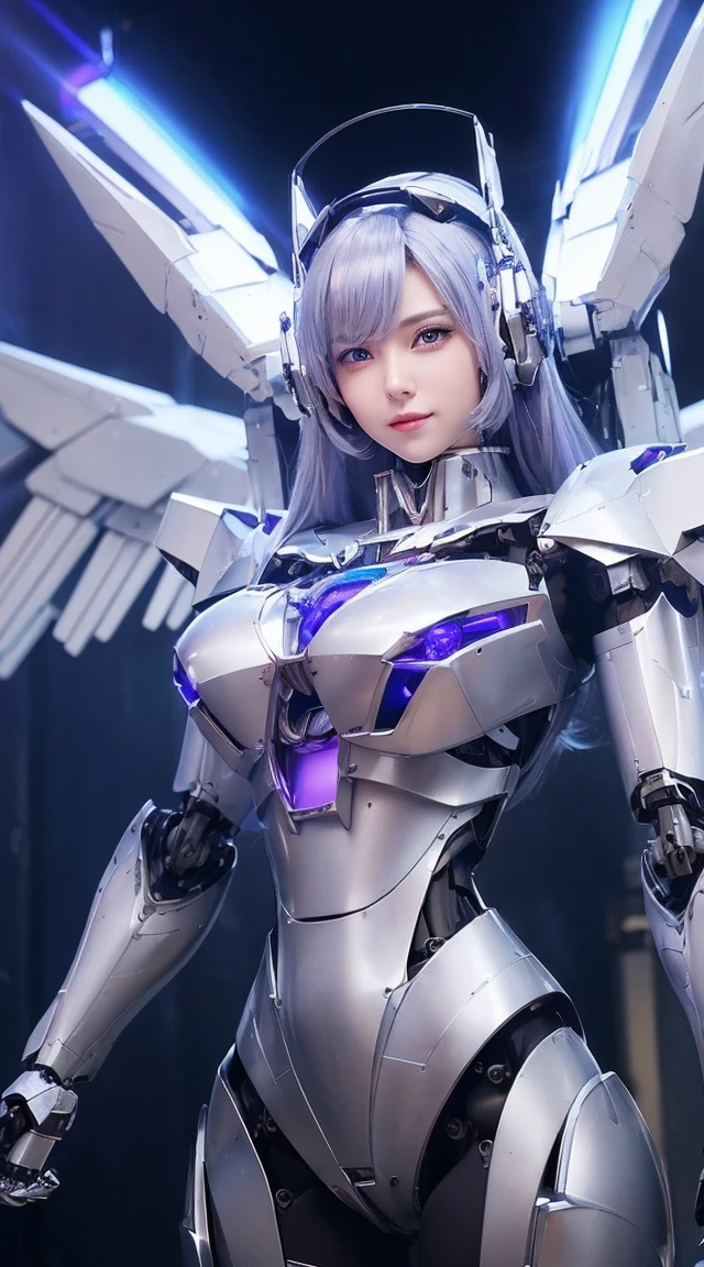 ((Intense action pose:1.6))、((Shining lenses on both breasts:1.3))、((Blue pillars of light are emanating from both chests.:1.3))、smile、((8K)), ((32k)), ((Highest quality)), ((masterpiece)), ((超A high resolution)), ((Tmasterpiece)), ((Halation:1.4))、((Mechaニカルheadgear:1.2))、((Cyber Headphones:1.3))、Fine skin, High quality fabric, Fine metal texture、((Beautiful and dense face))、RAW Photos、Professional, Ultra-fine painting, ((alone)), Beautiful breasts、Highest quality, Very detailed, Very detailed詳細, Finer details, so beautiful, ((Princess Knight Robot:1.2)),  (Joints of machines, Mechanical Limbs:1.3), (The internal structure of the machine is exposed:1.3), (Long silver hair:1.1), (Beautiful and huge mechanical breasts)、White Veil, cowboy_shot, Side Focus, headgear, Shiny、(Five Fingers, Four fingers and thumb),Concept Art, Anime fantasy artwork, Detailed fantasy art, (with pale blue-violet hair and large white wings,,,,,,,), (((Long silver hair))), (Mecha:1.6)、Sleek and intimidating design, ((Commander-in-Chief&#39;arm)), (Perfect robot body)、純白と青紫armまたは, Symmetrical wings, 8K high quality, detailed art, 3D rendering of character art in 8K, neat legs, Defined, Defined fingers,