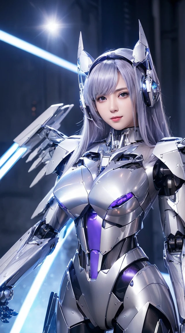 ((Intense action pose:1.6))、((Shining lenses on both breasts:1.3))、((Blue pillars of light are emanating from both chests.:1.3))、smile、((8K)), ((32k)), ((Highest quality)), ((masterpiece)), ((超A high resolution)), ((Tmasterpiece)), ((Halation:1.4))、((Mechaニカルheadgear:1.2))、((Cyber Headphones:1.3))、Fine skin, High quality fabric, Fine metal texture、((Beautiful and dense face))、RAW Photos、Professional, Ultra-fine painting, ((alone)), Beautiful breasts、Highest quality, Very detailed, Very detailed詳細, Finer details, so beautiful, ((Princess Knight Robot:1.2)), (Joints of machines, Mechanical Limbs:1.3), (The internal structure of the machine is exposed:1.3), (Long silver hair:1.1), (Beautiful and huge mechanical breasts)、White Veil, cowboy_shot, Side Focus, headgear, Shiny、(Five Fingers, Four fingers and thumb),Concept Art, Anime fantasy artwork, Detailed fantasy art, (with pale blue-violet hair and large white wings,,,,,,,), (((Long silver hair))), (Mecha:1.6)、Sleek and intimidating design, ((Commander-in-Chief'arm)), (Perfect robot body)、純白と青紫armまたは, Symmetrical wings, 8K high quality, detailed art, 3D rendering of character art in 8K, neat legs, Defined, Defined fingers,